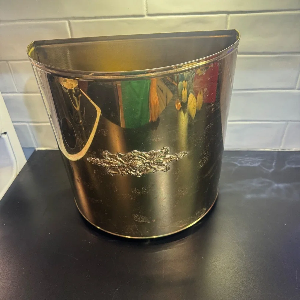 Vintage Brass Wastebasket Trash Can Gold Half Moon Ornate Crest Detail 12in